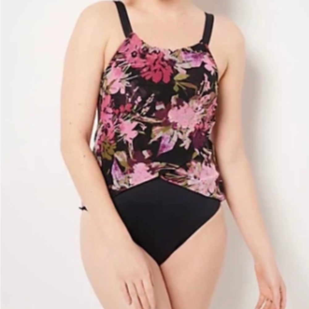 Black One-Piece Swimsuit with Pink Floral Tankini Overlay